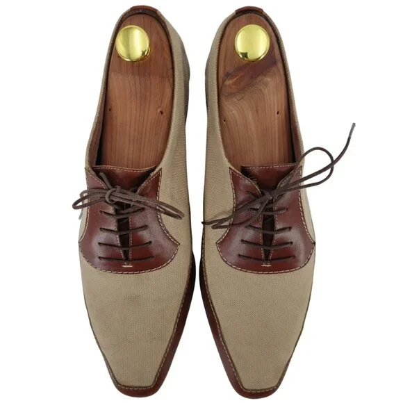 A. Testoni Italy Mens 9D Dress Shoes Beige Brown Canvas Leather Luxury Oxfords - Picture 2 of 11